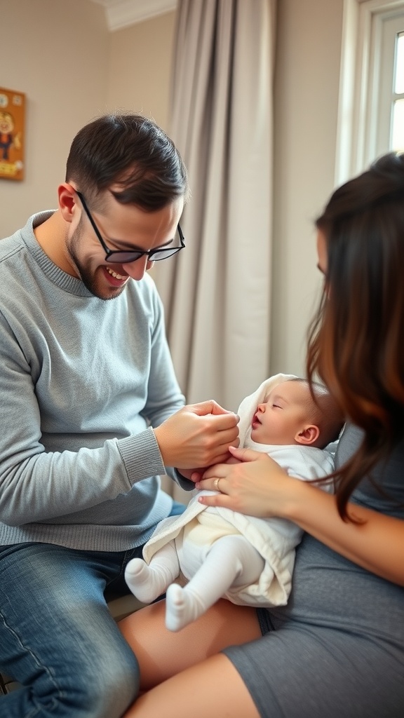 A joyful moment with parents and their newborn, showcasing love and connection.