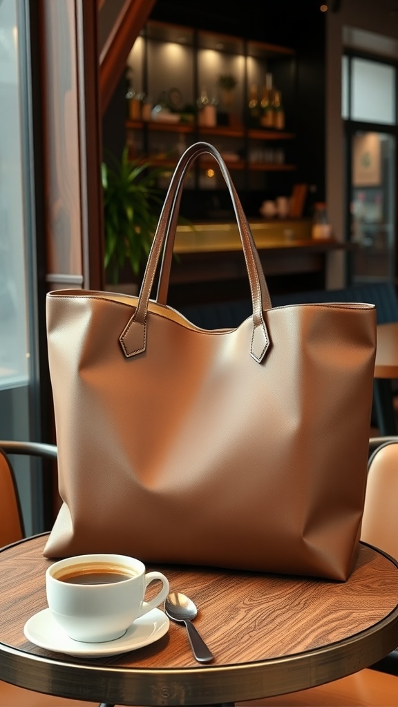 A brown tote bag sitting on a wooden table next to a cup of coffee.