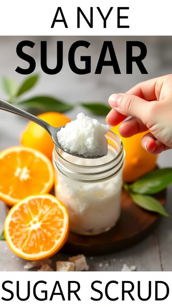 A hand holding a spoonful of sugar scrub next to fresh oranges.