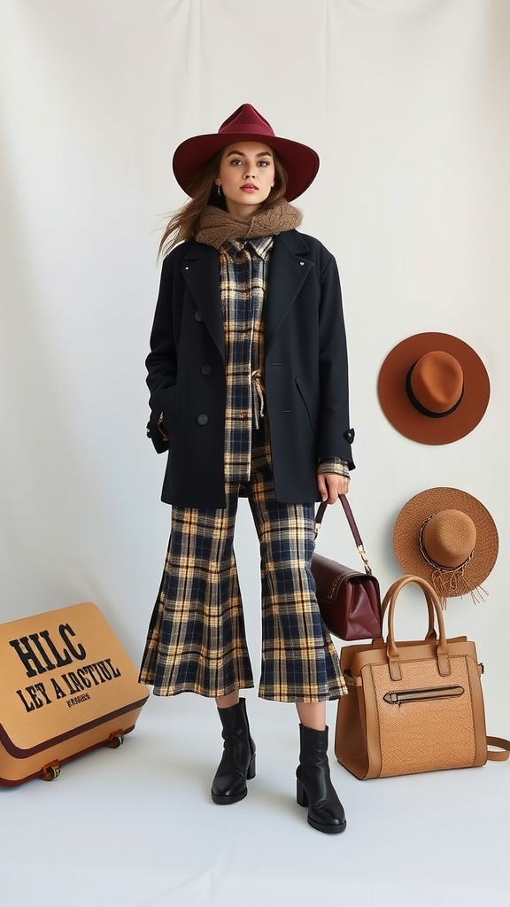A model wearing a stylish outfit with various fashion props, including hats and bags, in a creative photography setting.