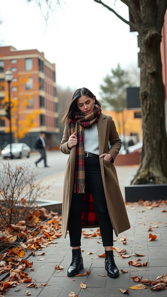 A woman wearing a layered outfit with a coat, scarf, and boots in an urban setting.