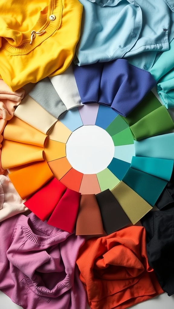 Color wheel surrounded by various fabric swatches in different colors
