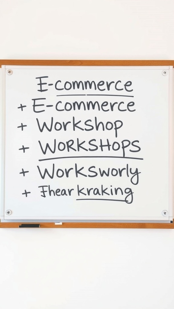 A whiteboard listing various revenue streams like e-commerce and workshops for a hobby-based business.