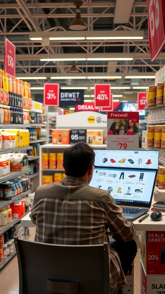 A person browsing products on a computer in a store with discount signs.