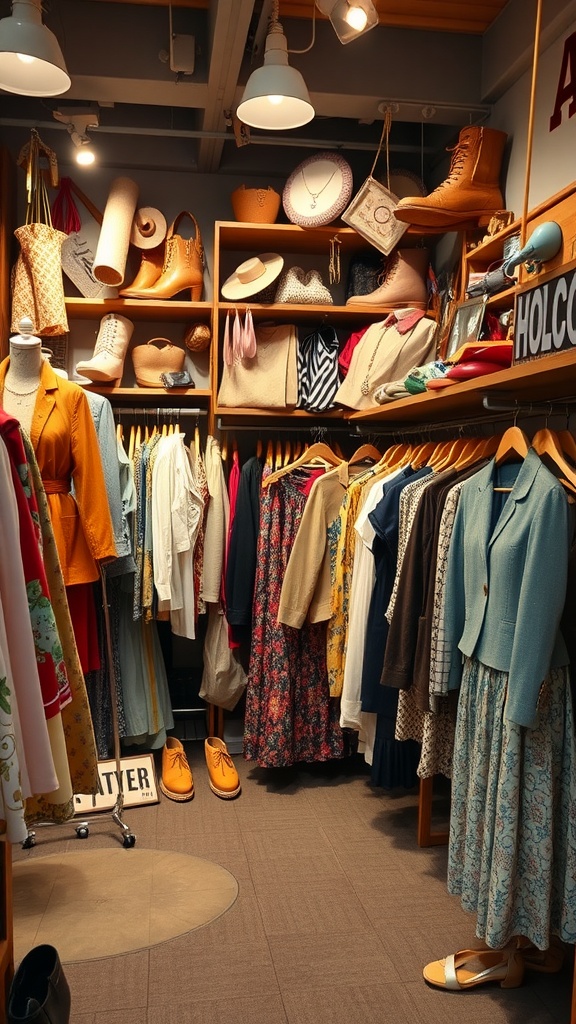 A cozy vintage clothing store with a variety of dresses, shoes, and accessories on display.