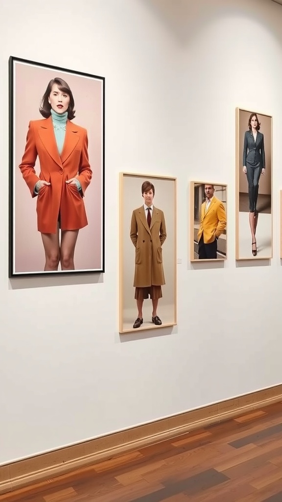 Gallery wall featuring vintage fashion portraits of models in vibrant outfits.