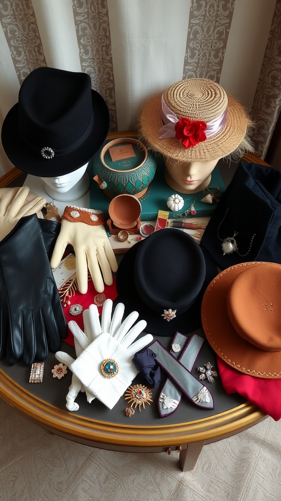 A collection of vintage accessories, including hats, gloves, and brooches arranged on a table.