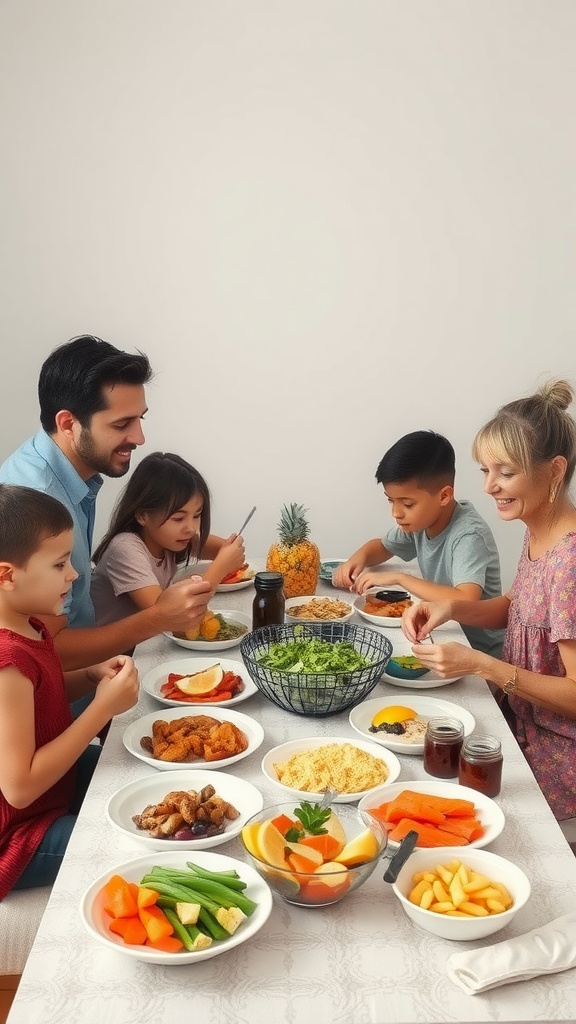 A family enjoying a meal together at a dining table filled with various healthy dishes.