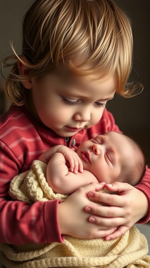 A young child gently holding a newborn baby, showcasing a tender sibling connection.