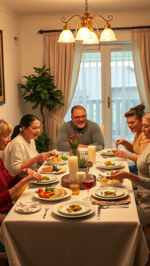 A family gathering at a table with a variety of home-cooked dishes.