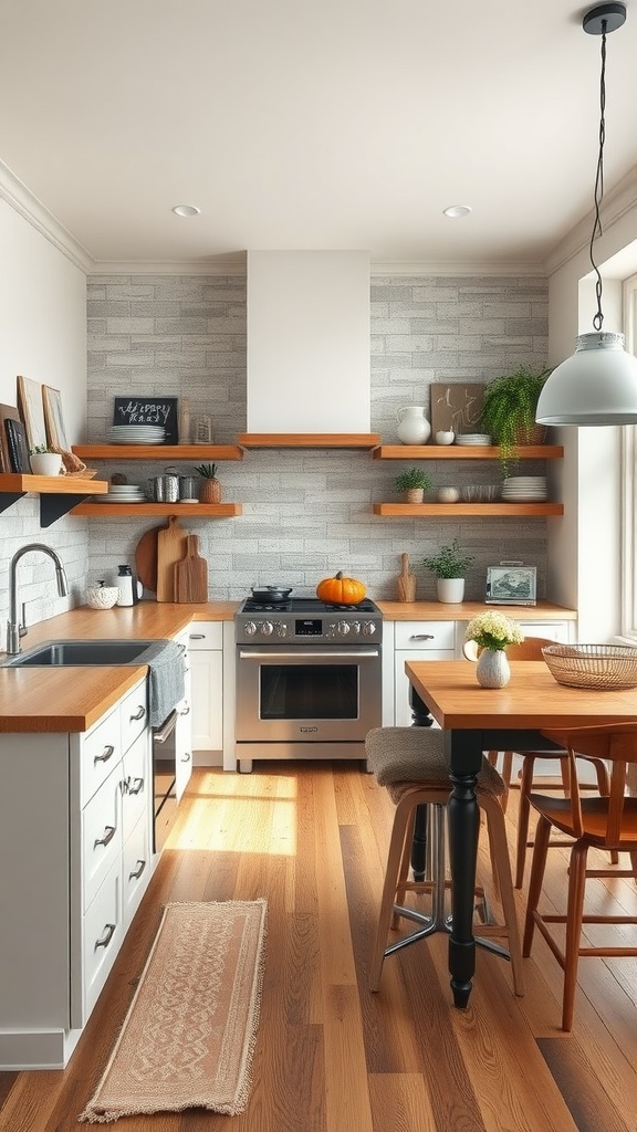 Modern kitchen with farmhouse design featuring wooden accents and open shelves.