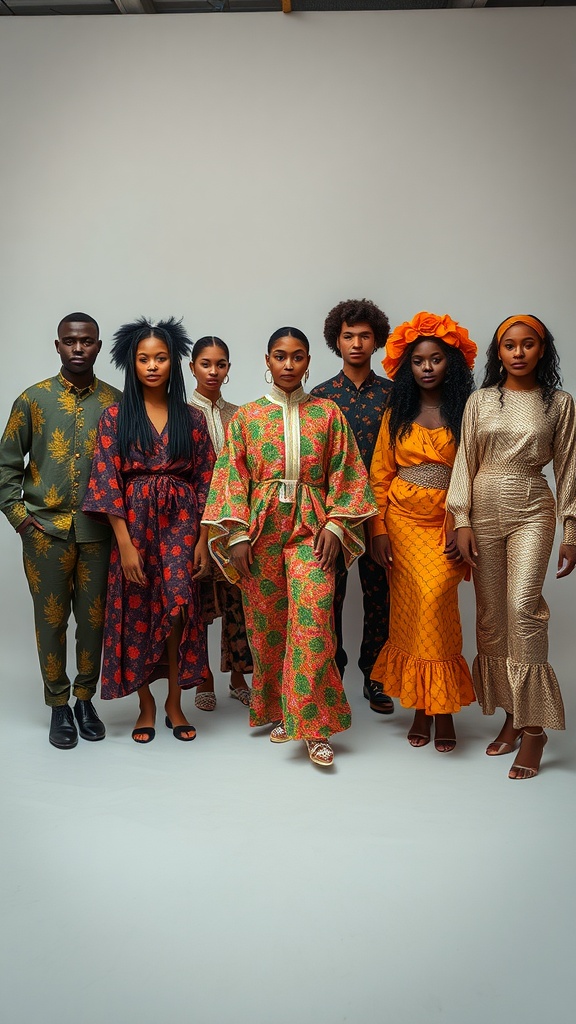 Group of models wearing colorful cultural outfits posing together.