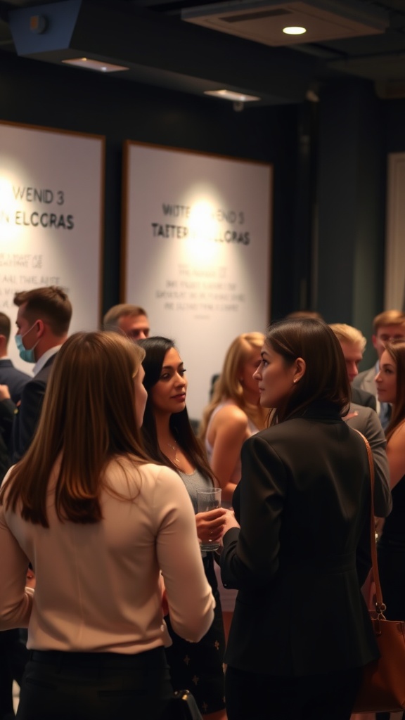 A group of people engaged in conversation at a networking event, showcasing various styles of professional attire.