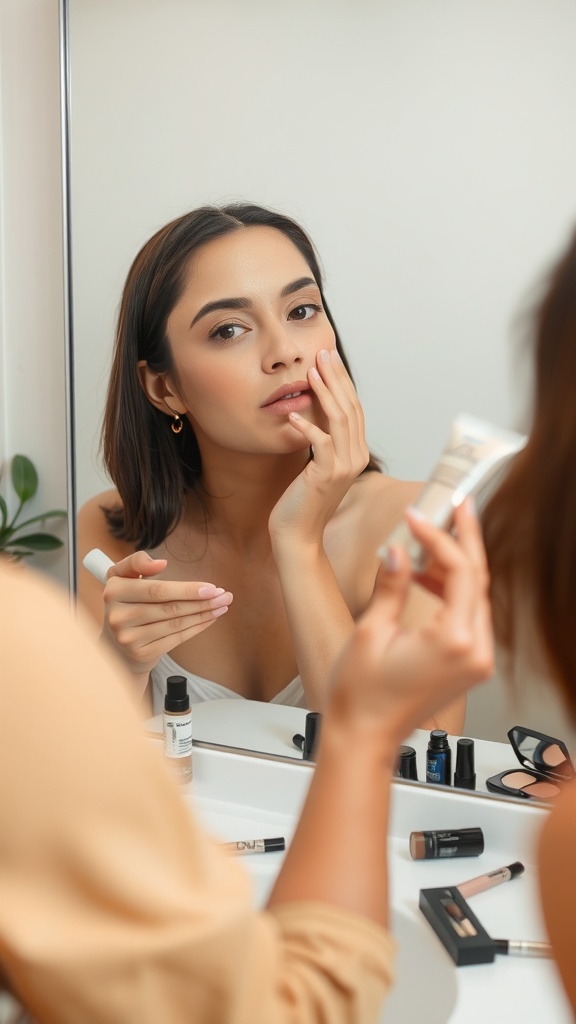 A woman applying makeup in front of a mirror, focusing on her skin.