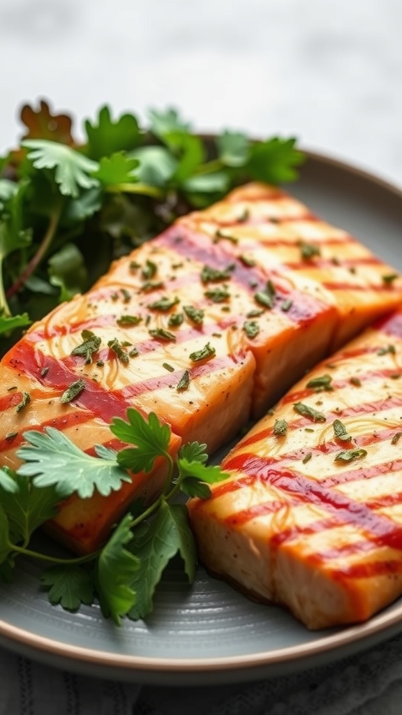 A plate of grilled salmon garnished with herbs and served with a side of greens.