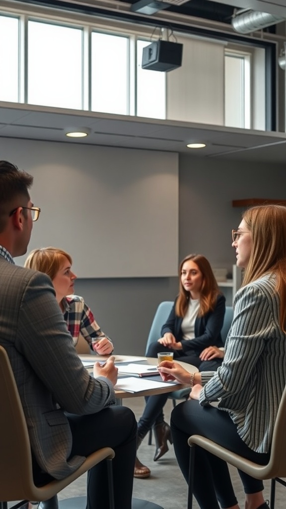 A group of professionals engaged in a discussion during a meeting.