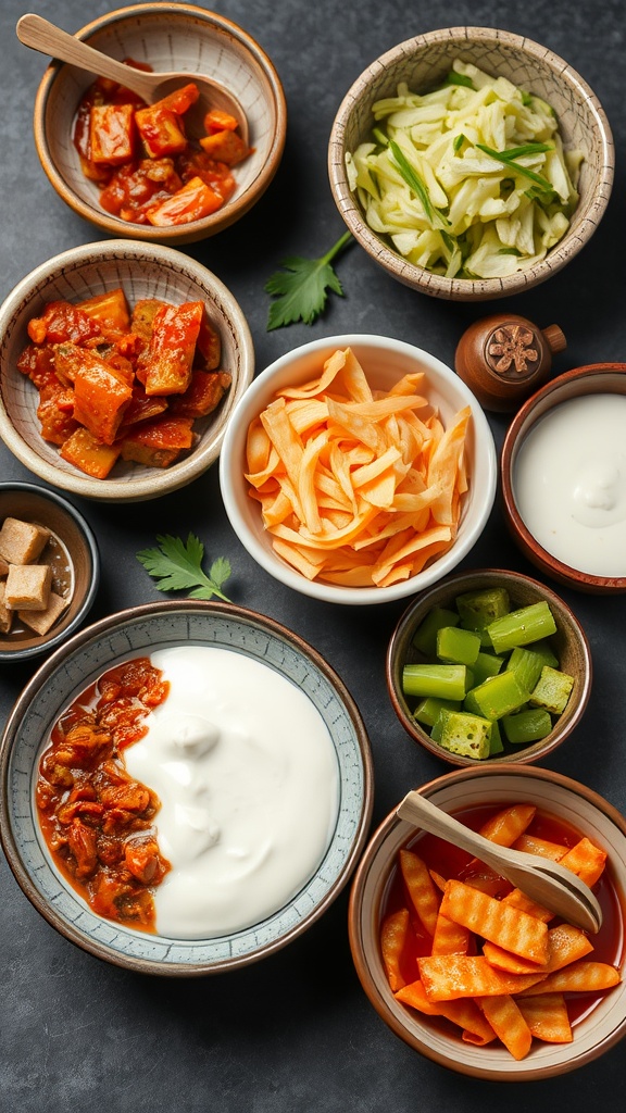 An assortment of colorful fermented foods including kimchi, yogurt, and vegetables.