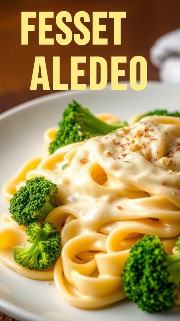 A plate of fettuccine Alfredo topped with broccoli