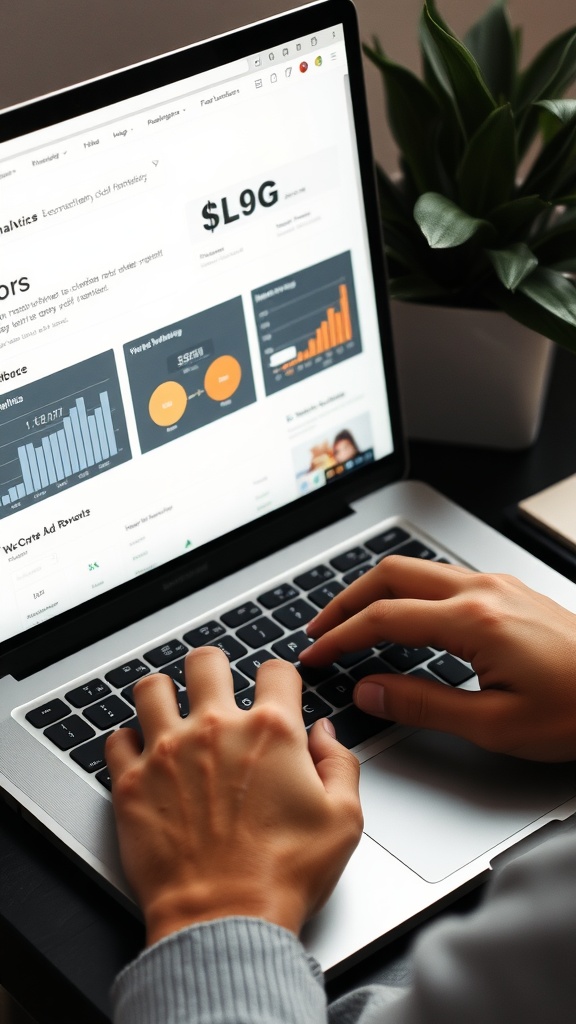 A person typing on a laptop with financial analytics displayed on the screen.