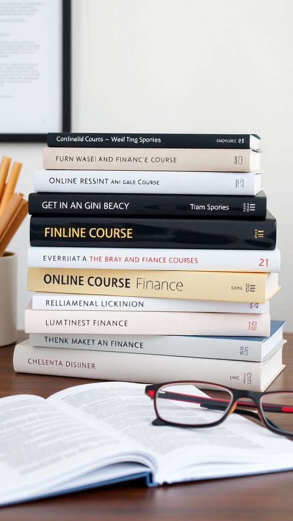 A stack of finance books and an open book with glasses on a table