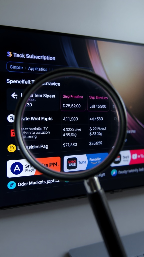 A close-up view of a subscription service screen, showing various subscription costs with a magnifying glass.