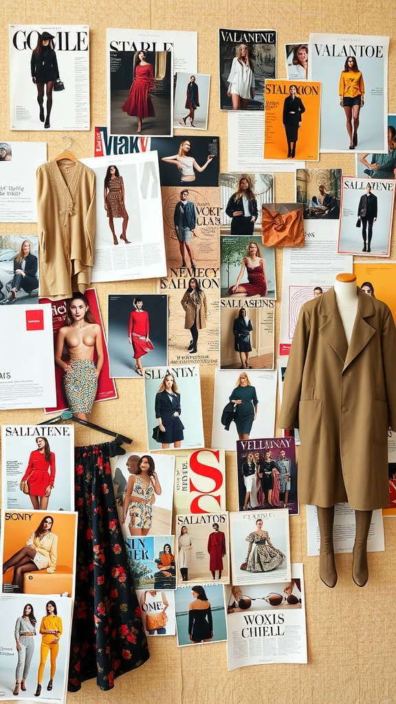 A collage of fashion magazines and clothing items displayed on a wall, showcasing various styles and outfits.