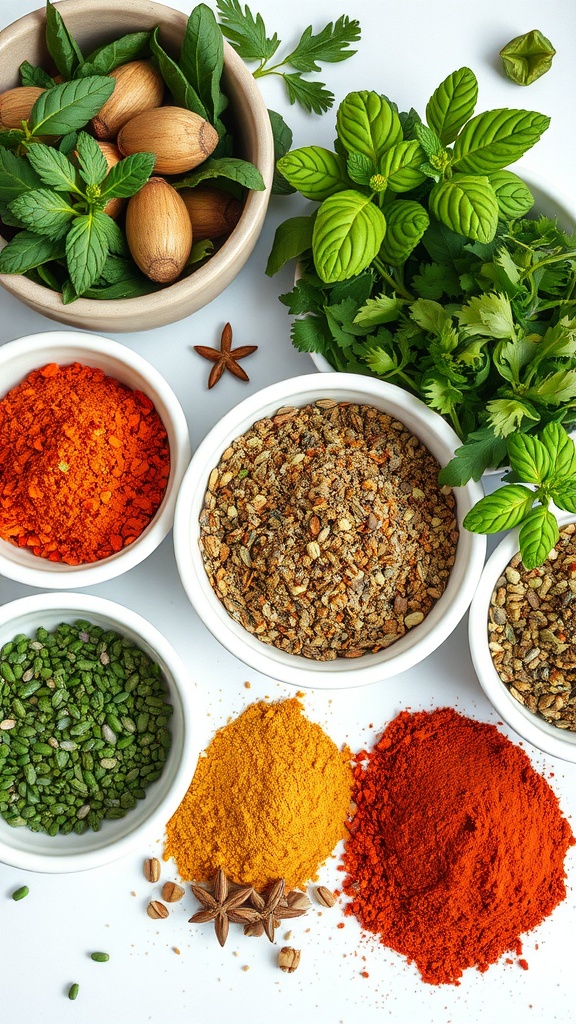 An array of herbs and spices including mint, cilantro, and various vibrant powders.