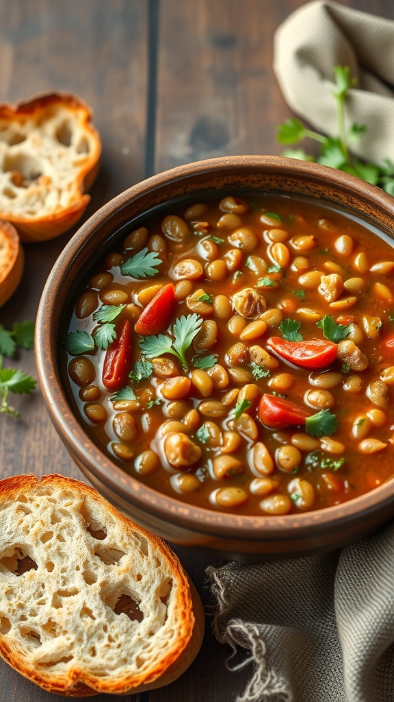 A delicious bowl of lentil stew with herbs and vegetables, accompanied by slices of bread.
