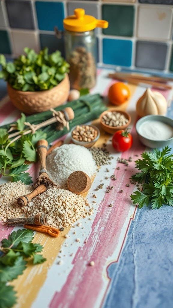A variety of fresh ingredients including herbs, vegetables, and spices laid out on a colorful surface.