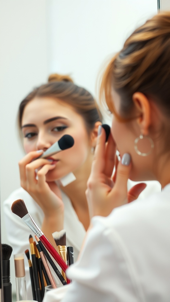A young woman applying makeup in front of a mirror, with various makeup brushes and products displayed.
