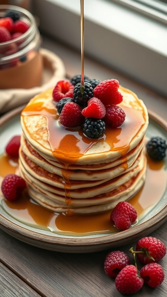 Stack of fluffy pancakes with maple syrup and fresh berries on top