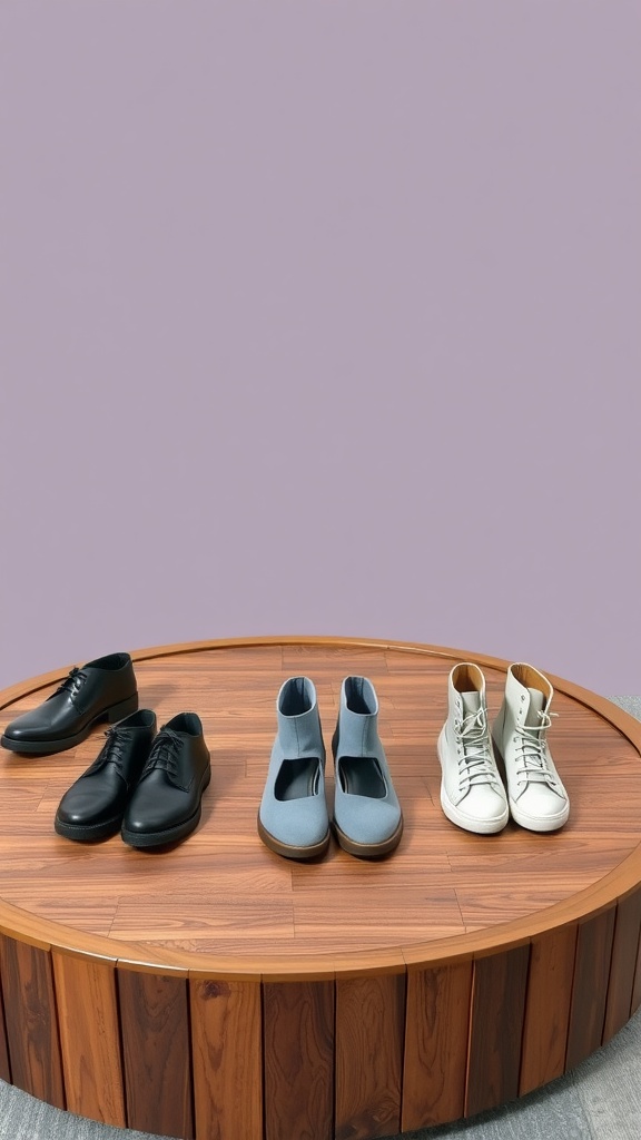 A display of three pairs of stylish footwear: black shoes, blue boots, and white sneakers on a wooden circular platform against a pastel purple background.