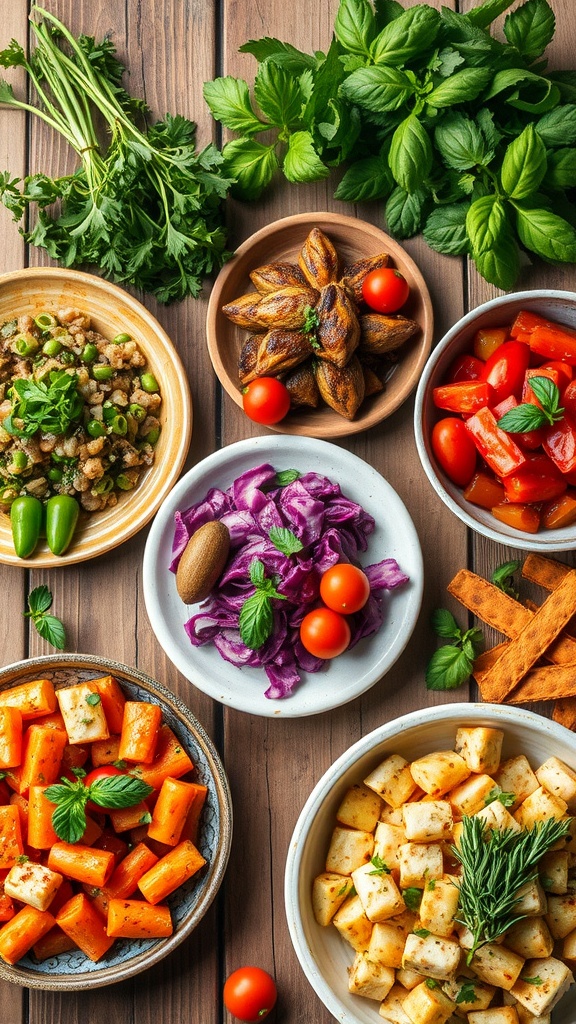 A variety of colorful dishes garnished with fresh herbs, showcasing the beauty of cooked and baked foods.