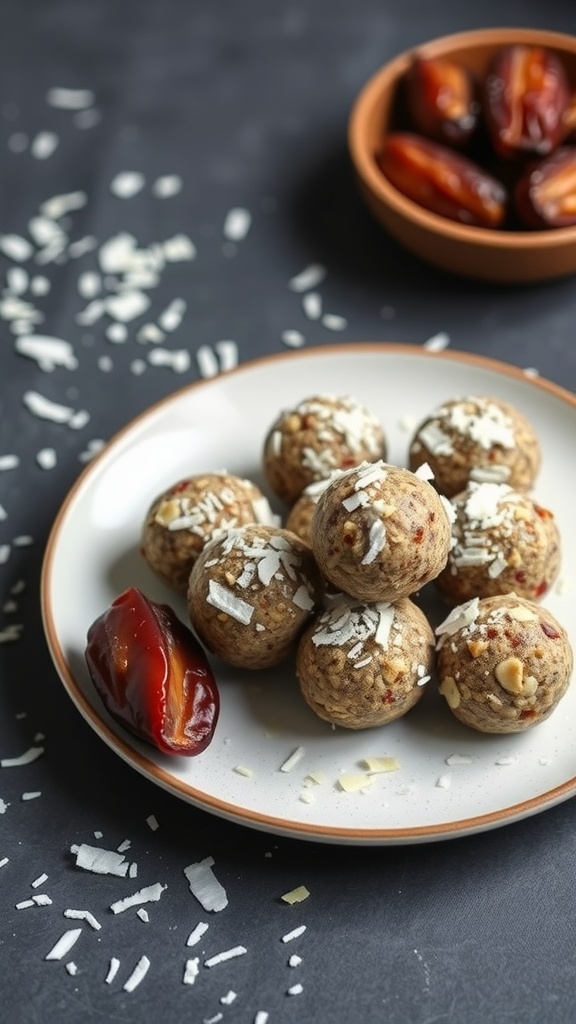 A plate of fruit and nut energy balls topped with shredded coconut, next to a bowl of dates.