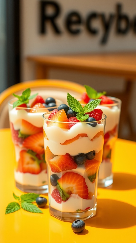 Three colorful fruit and yogurt parfaits in tall glasses, topped with mint leaves.