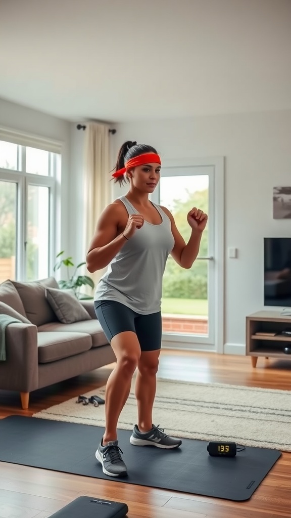 A woman performing a home workout in a living room, focusing on a full-body HIIT routine.