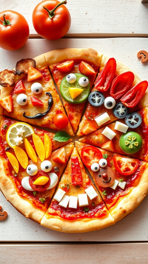 A colorful pizza with various vegetable toppings arranged as funny faces.