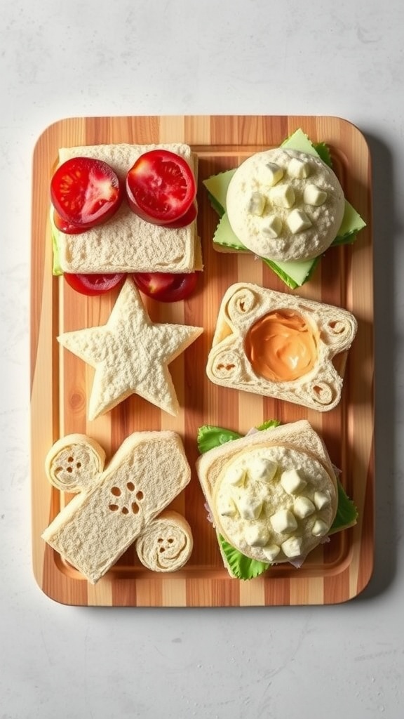 A wooden tray with creatively shaped sandwiches, including stars and circles, topped with vegetables.