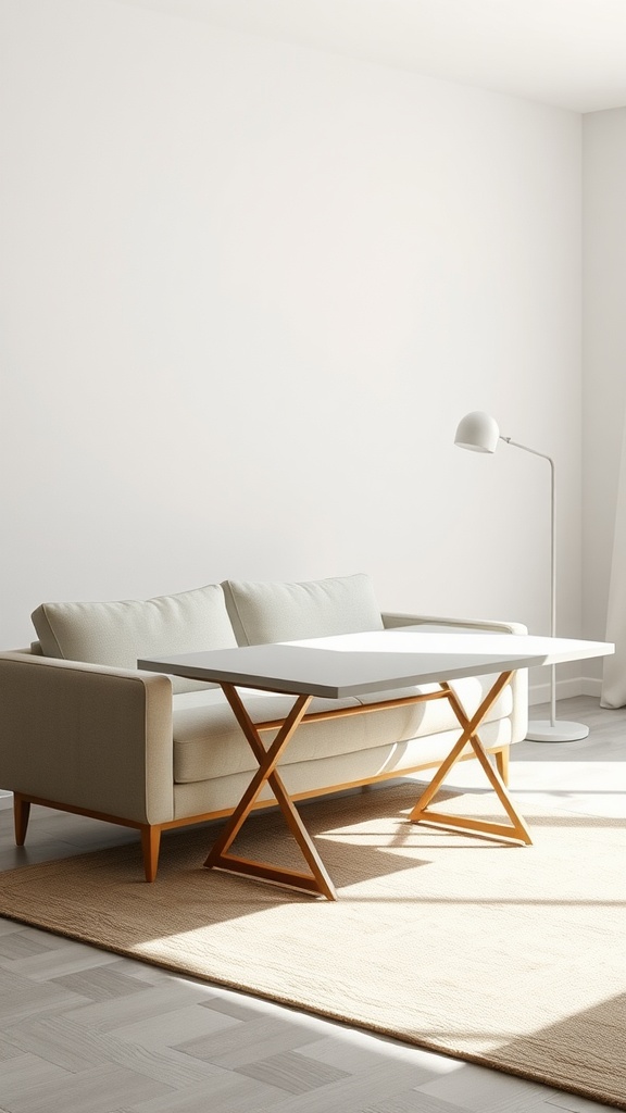 A minimalist living room with a light-colored sofa, a simple table, and a lamp, creating a serene atmosphere.