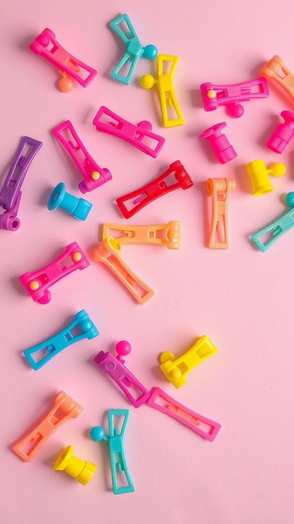 Colorful funky hair clips scattered on a pink background.