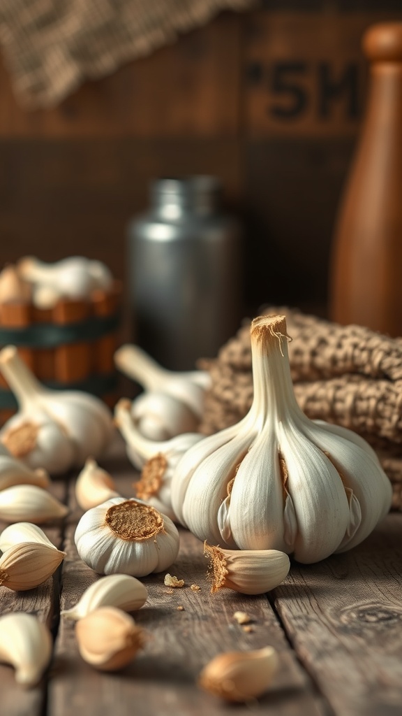 A close-up of garlic bulbs and cloves on a wooden surface.
