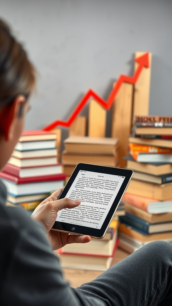 A person reading an e-book on a tablet with stacks of books and a rising graph in the background.