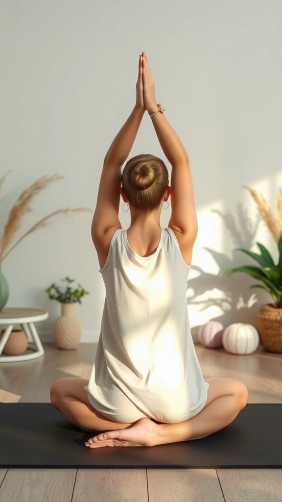 A person practicing gentle yoga and stretching in a calm indoor space.