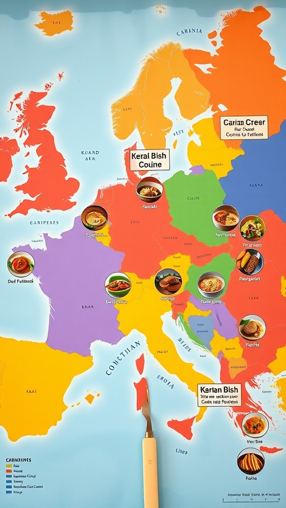 A colorful map of Europe highlighting different cuisines and dishes from various countries.