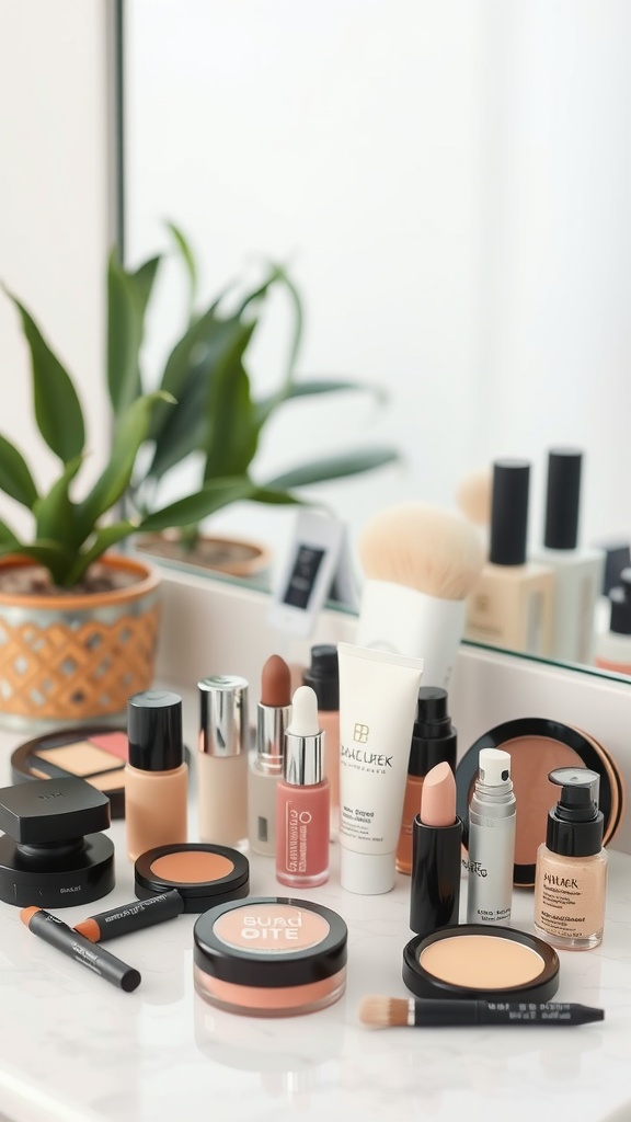 A variety of makeup products arranged on a vanity, including foundations, blush, and lip colors.