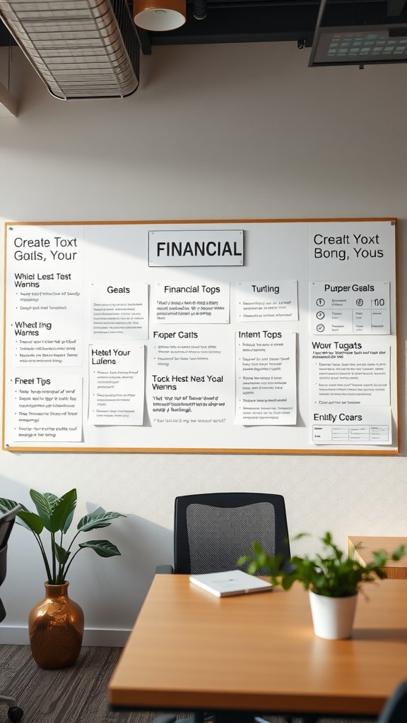 A board displaying financial goals and tips in an office setting.