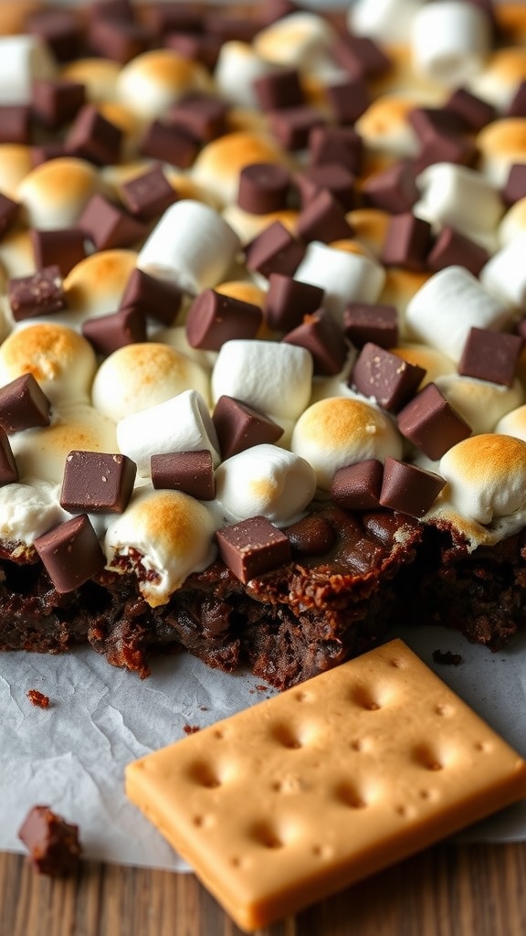 A close-up of gooey s'mores brownies topped with marshmallows and chocolate.