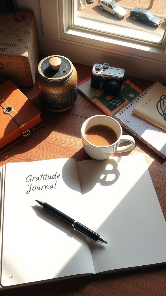 A gratitude journal open to a blank page with a pen, a cup of coffee, and a window view.