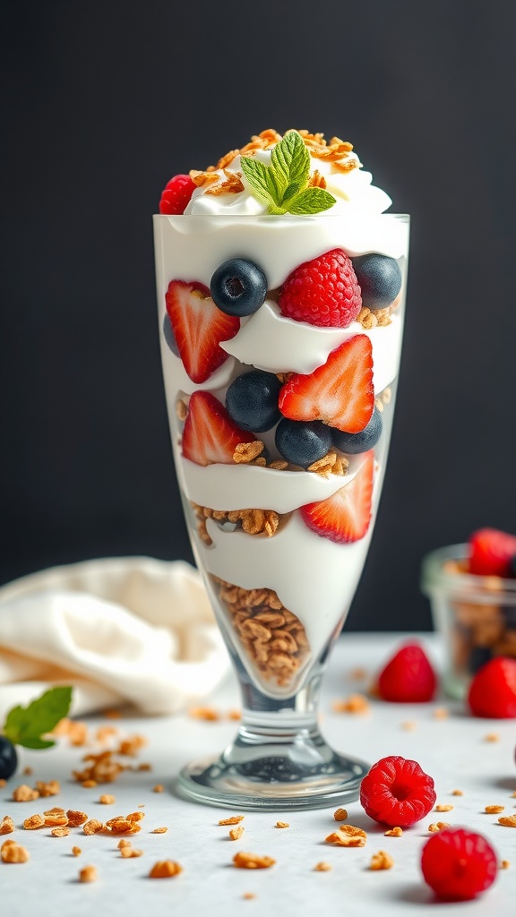 A beautiful Greek yogurt parfait layered with fresh berries and granola.