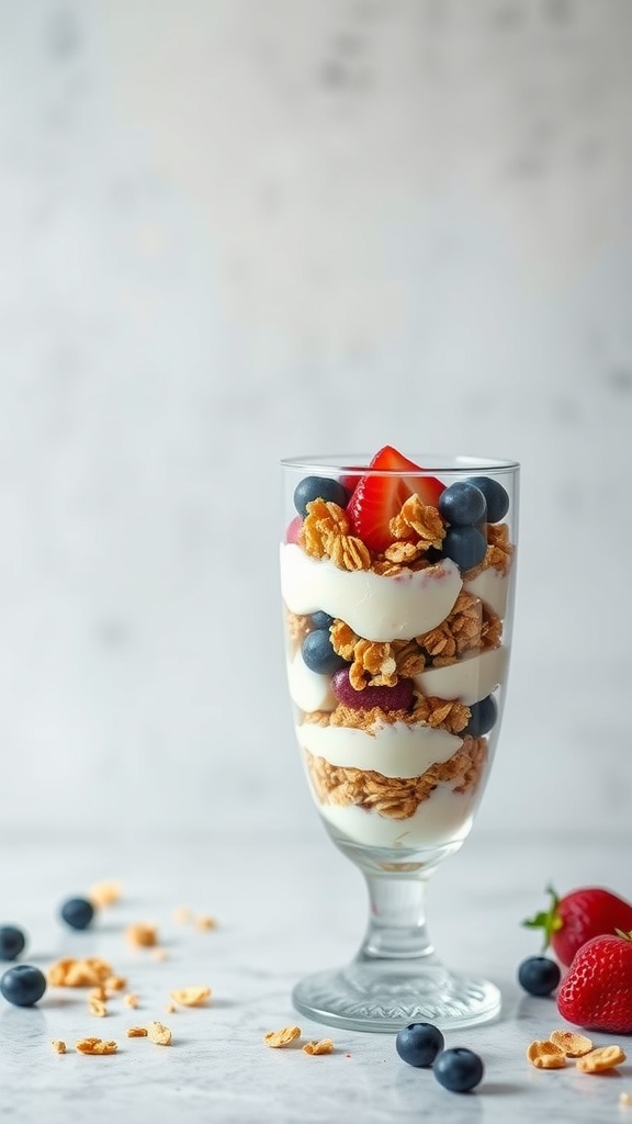 A glass filled with Greek yogurt, granola, and mixed berries, showcasing a colorful parfait.